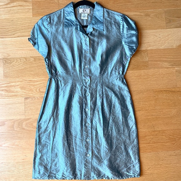ICE Metallic Light Green Silk Shirtdress - Picture 1 of 10